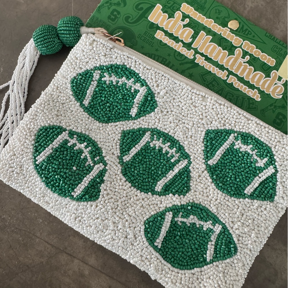 Green and White FOOTBALL Beaded Travel Pouch with zipper closure. Lined inside🏈